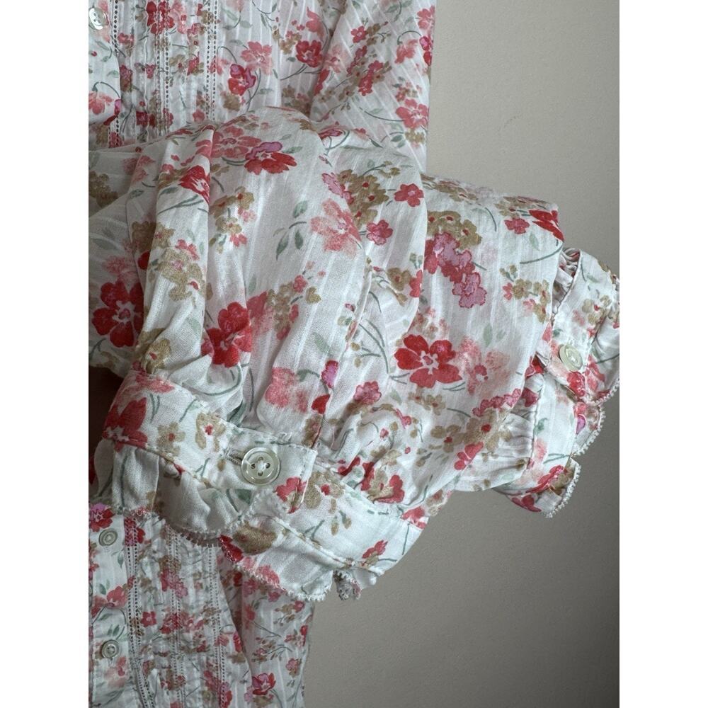 Talbots Womens Shirt XL Floral Cotton Coastal Beach Ruffle Pintuck Cottage - Picture 4 of 9